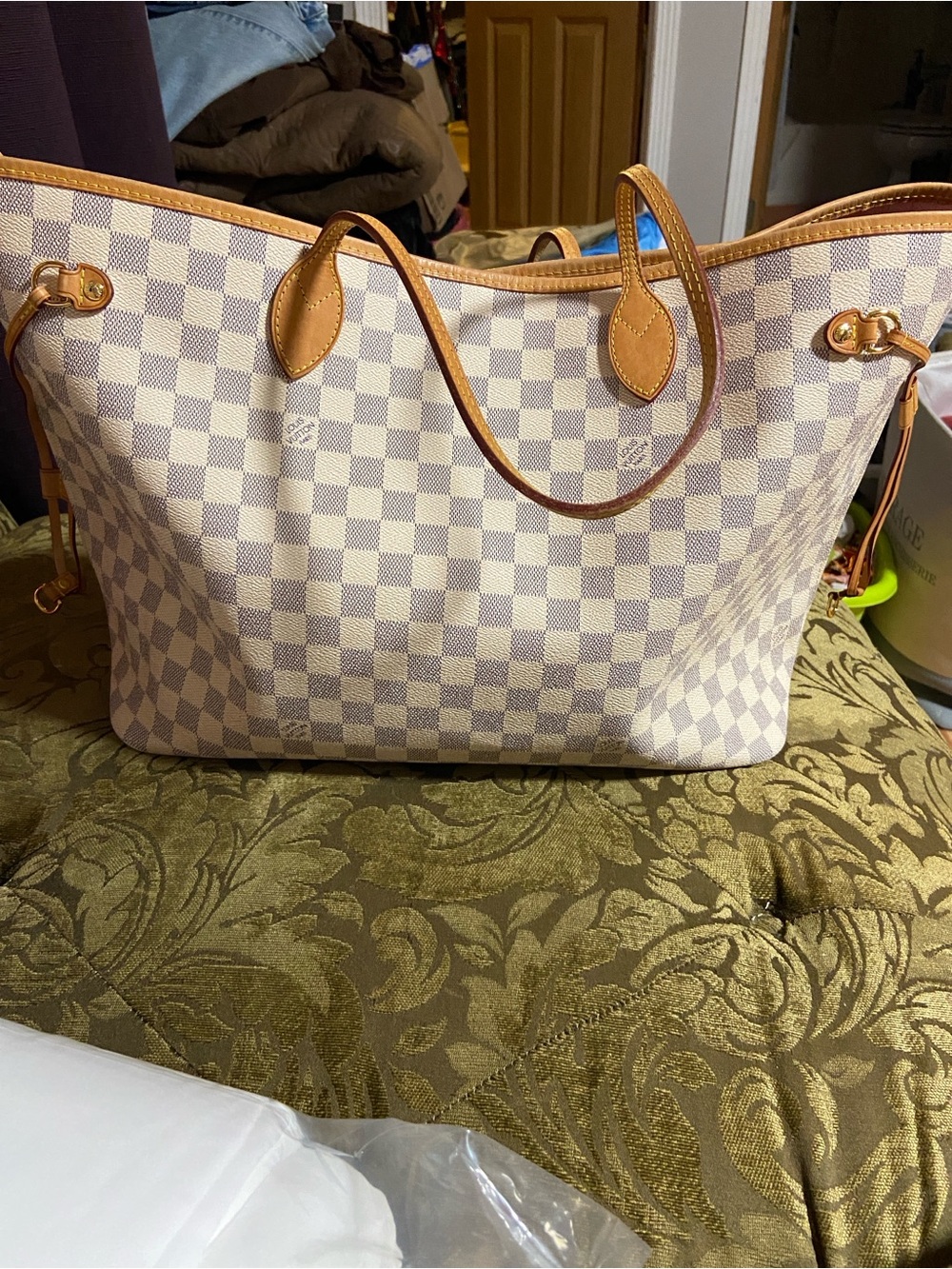 Source Unknown Ivory Checkered Tote with Tan Trim